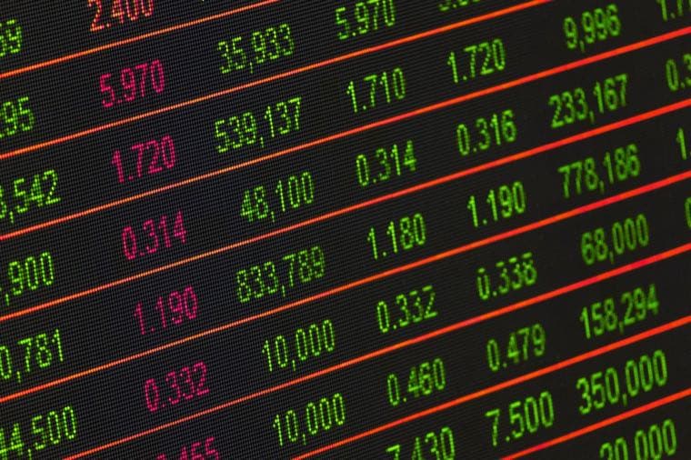 A stock market trading board showing share prices and movements