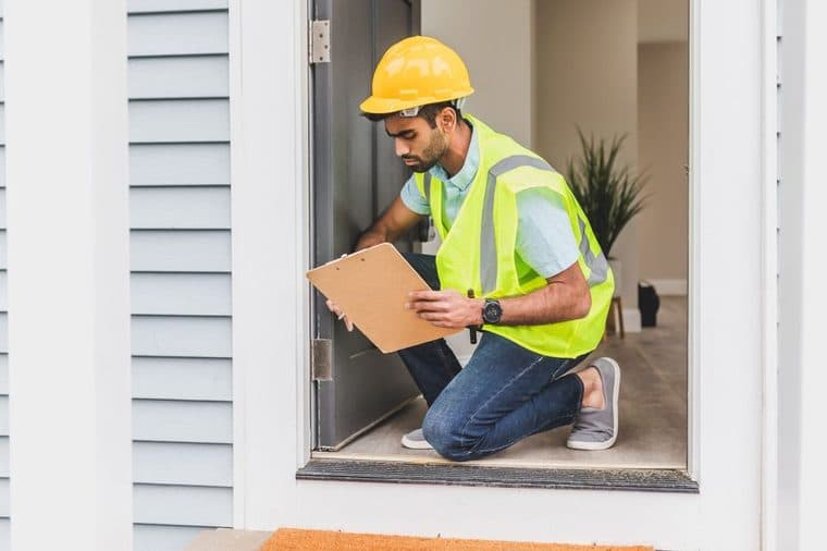 A building inspector checking a property with a clipboard