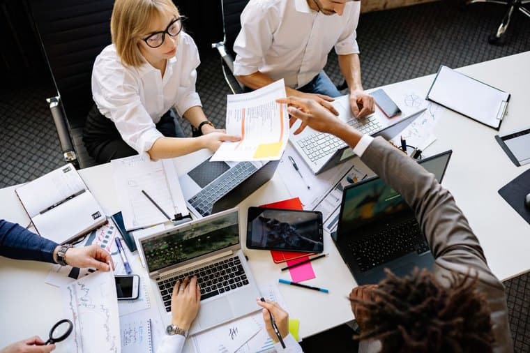 A startup team collaborating in a modern office