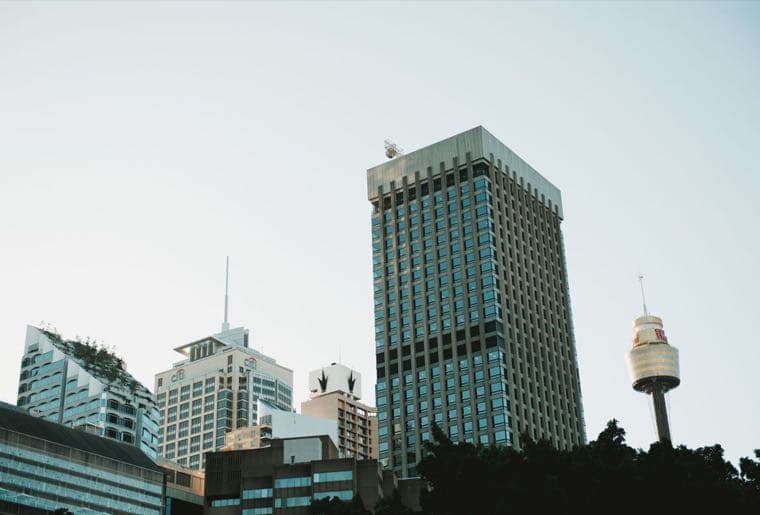 Sydney corporate skyline with office towers and Sydney Tower